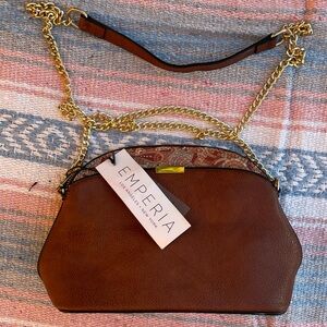 Brown faux leather shoulder bag with gold chain strap
